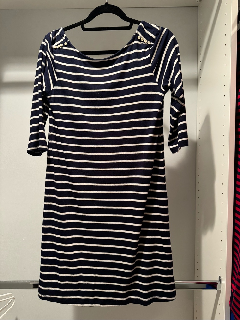 Amour Vert Navy and White Striped Women's Boatneck Dress